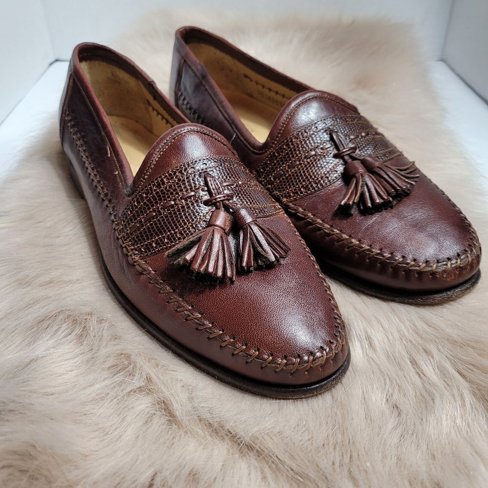 Santoni Tassel Brown Leather Loafers Lizard Accents Mens  Shoes Size 7.5
